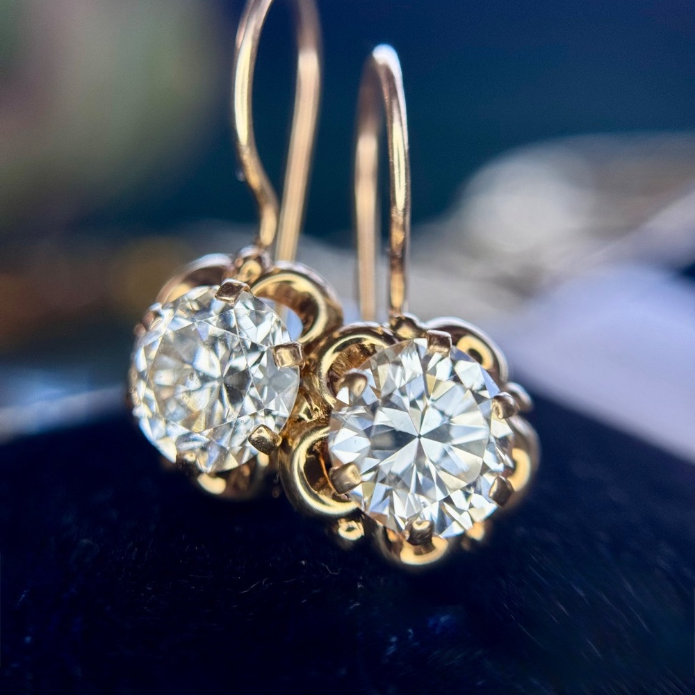 Antique 1.77 ctw Old European Cut Drop Diamond Dormeuse Earrings 14k Gold